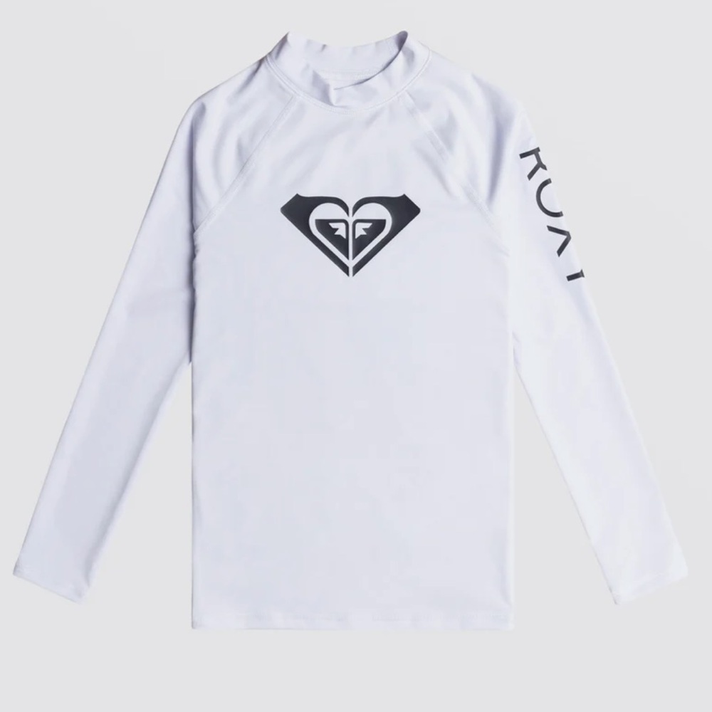 Roxy 4 Girls Rashguard Whole Hearted Long Sleeve UPF 50 in white black logo NWT